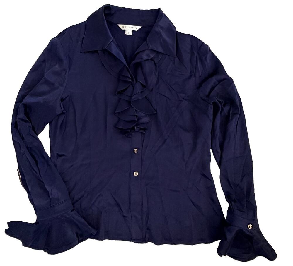 ST. JOHN Navy Silk Ruffle Blouse Womens Sz 6 Embossed Buttons Vintage